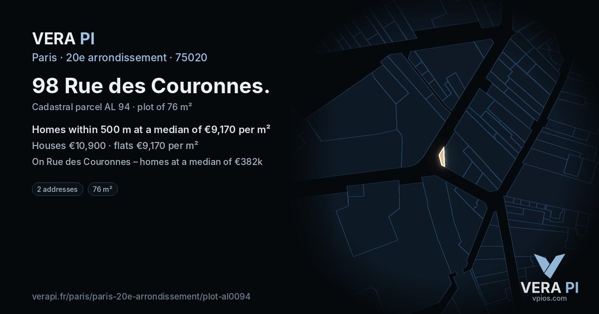 98 Rue des Couronnes, 20e arrondissement at night – the plot lit, the parcels around coloured by the prices near them
