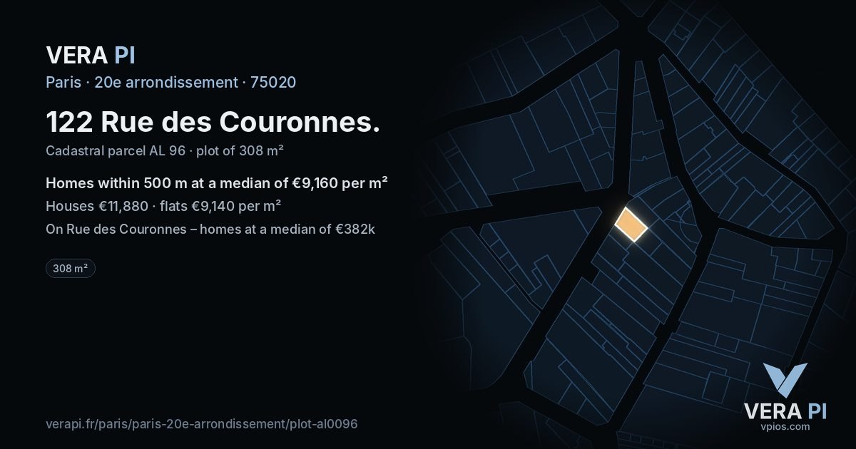 122 Rue des Couronnes, 20e arrondissement at night – the plot lit, the parcels around coloured by the prices near them