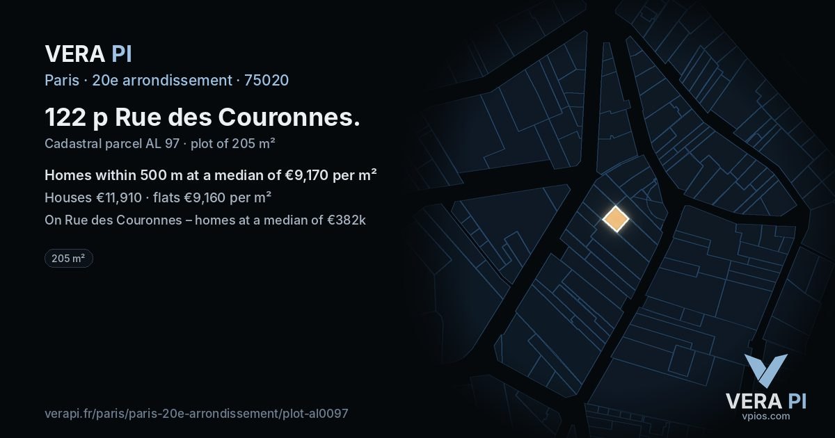 122 p Rue des Couronnes, 20e arrondissement at night – the plot lit, the parcels around coloured by the prices near them