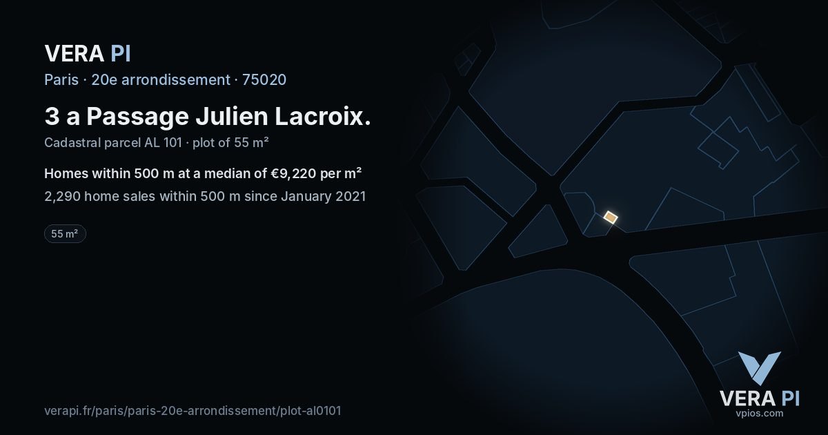 3 a Passage Julien Lacroix, 20e arrondissement at night – the plot lit, the parcels around coloured by the prices near them