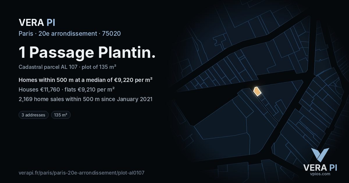 1 Passage Plantin, 20e arrondissement at night – the plot lit, the parcels around coloured by the prices near them