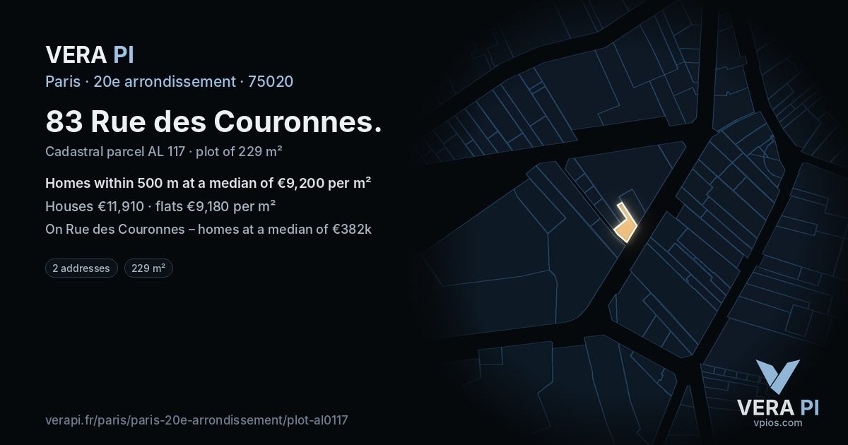 83 Rue des Couronnes, 20e arrondissement at night – the plot lit, the parcels around coloured by the prices near them