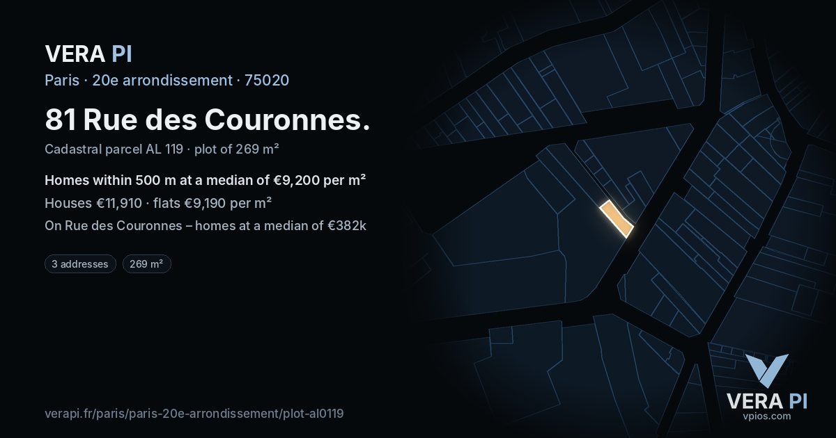 81 Rue des Couronnes, 20e arrondissement at night – the plot lit, the parcels around coloured by the prices near them