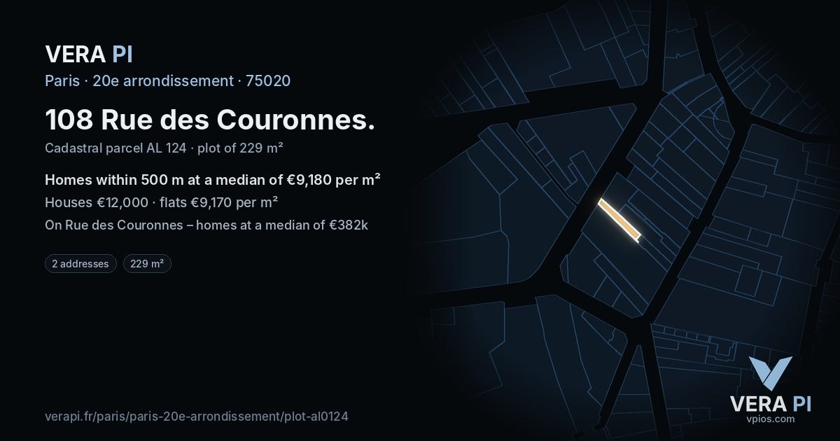 108 Rue des Couronnes, 20e arrondissement at night – the plot lit, the parcels around coloured by the prices near them