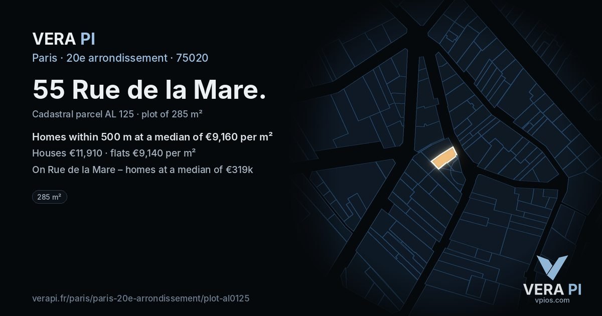 55 Rue de la Mare, 20e arrondissement at night – the plot lit, the parcels around coloured by the prices near them