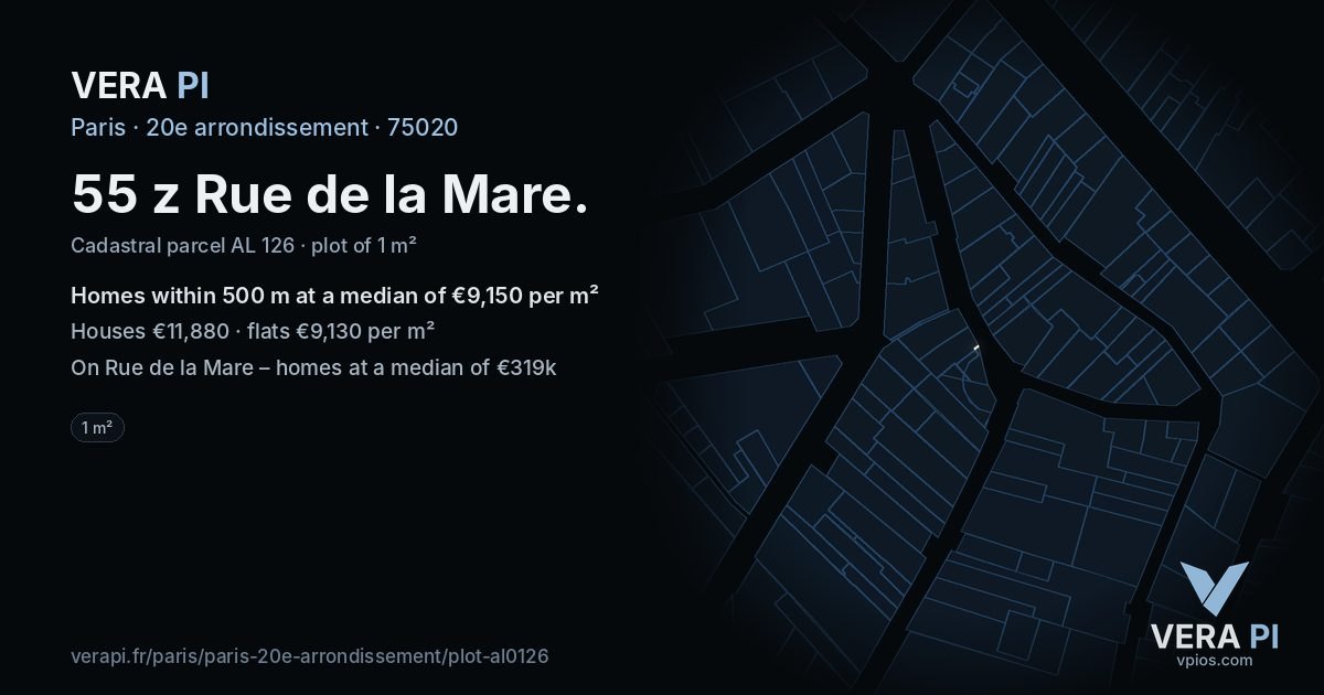 55 z Rue de la Mare, 20e arrondissement at night – the plot lit, the parcels around coloured by the prices near them
