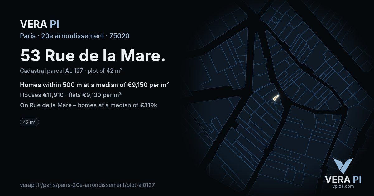 53 Rue de la Mare, 20e arrondissement at night – the plot lit, the parcels around coloured by the prices near them