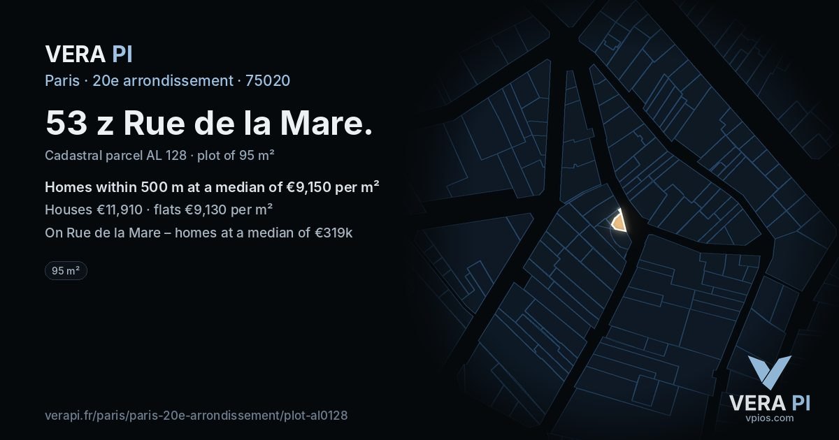 53 z Rue de la Mare, 20e arrondissement at night – the plot lit, the parcels around coloured by the prices near them