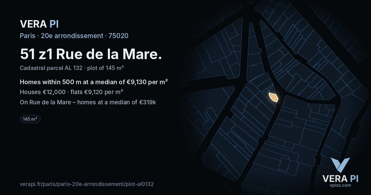 51 z1 Rue de la Mare, 20e arrondissement at night – the plot lit, the parcels around coloured by the prices near them