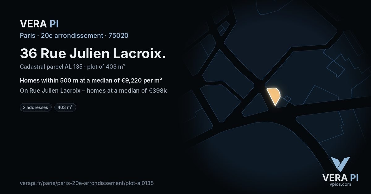 36 Rue Julien Lacroix, 20e arrondissement at night – the plot lit, the parcels around coloured by the prices near them