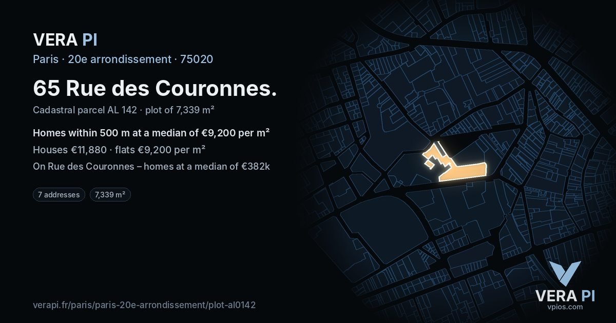 65 Rue des Couronnes, 20e arrondissement at night – the plot lit, the parcels around coloured by the prices near them
