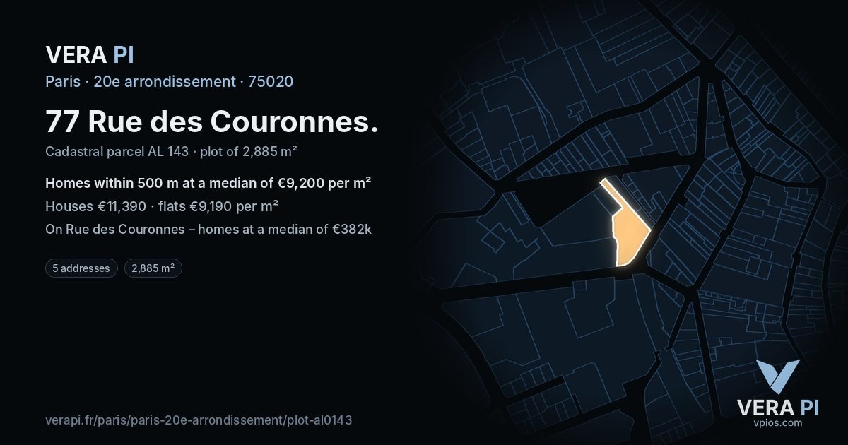77 Rue des Couronnes, 20e arrondissement at night – the plot lit, the parcels around coloured by the prices near them
