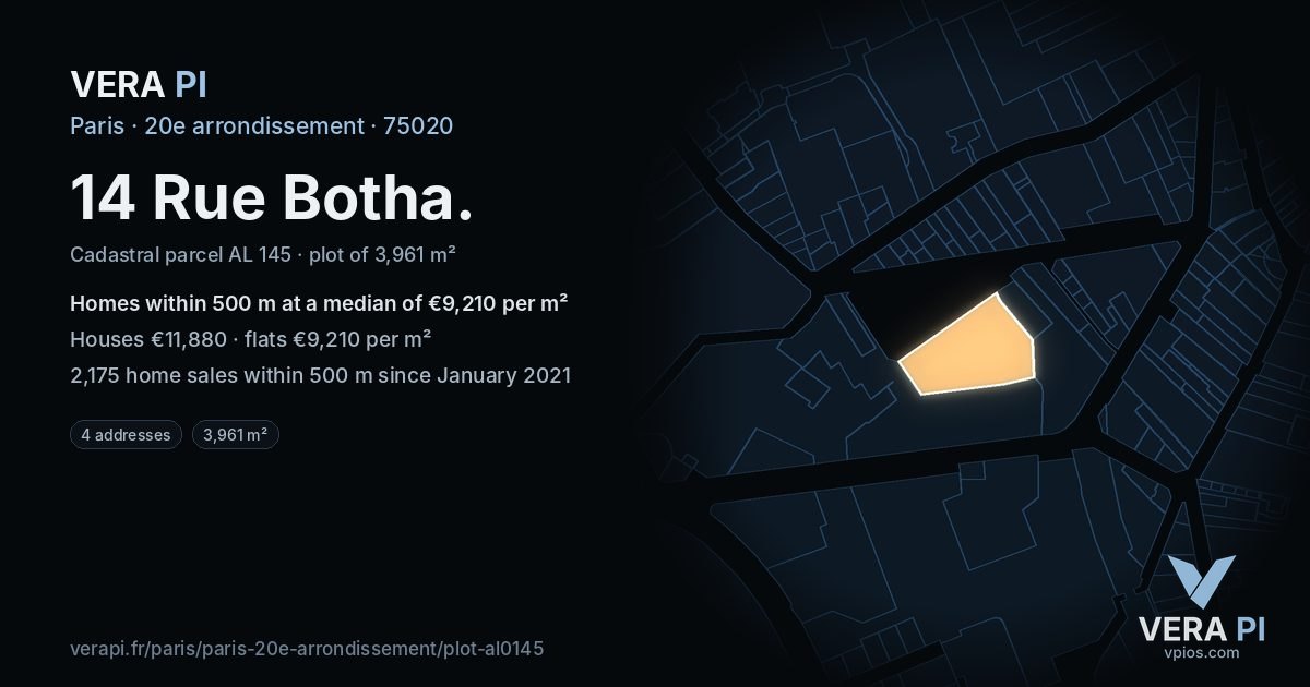 14 Rue Botha, 20e arrondissement at night – the plot lit, the parcels around coloured by the prices near them