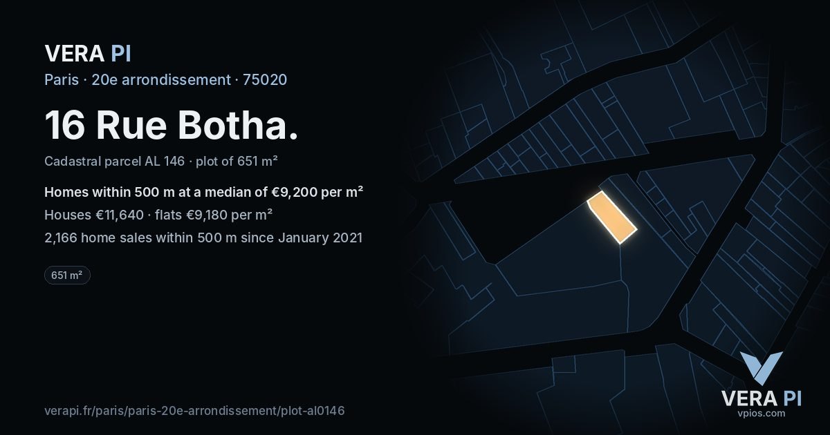 16 Rue Botha, 20e arrondissement at night – the plot lit, the parcels around coloured by the prices near them