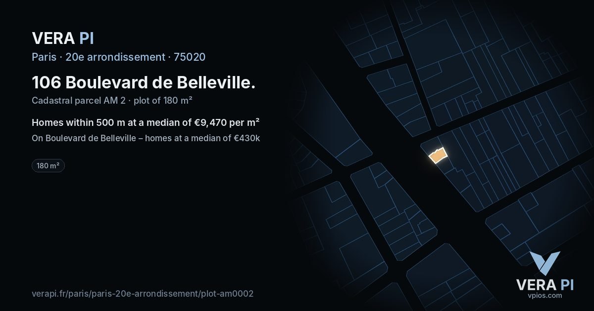 106 Boulevard de Belleville, 20e arrondissement at night – the plot lit, the parcels around coloured by the prices near them
