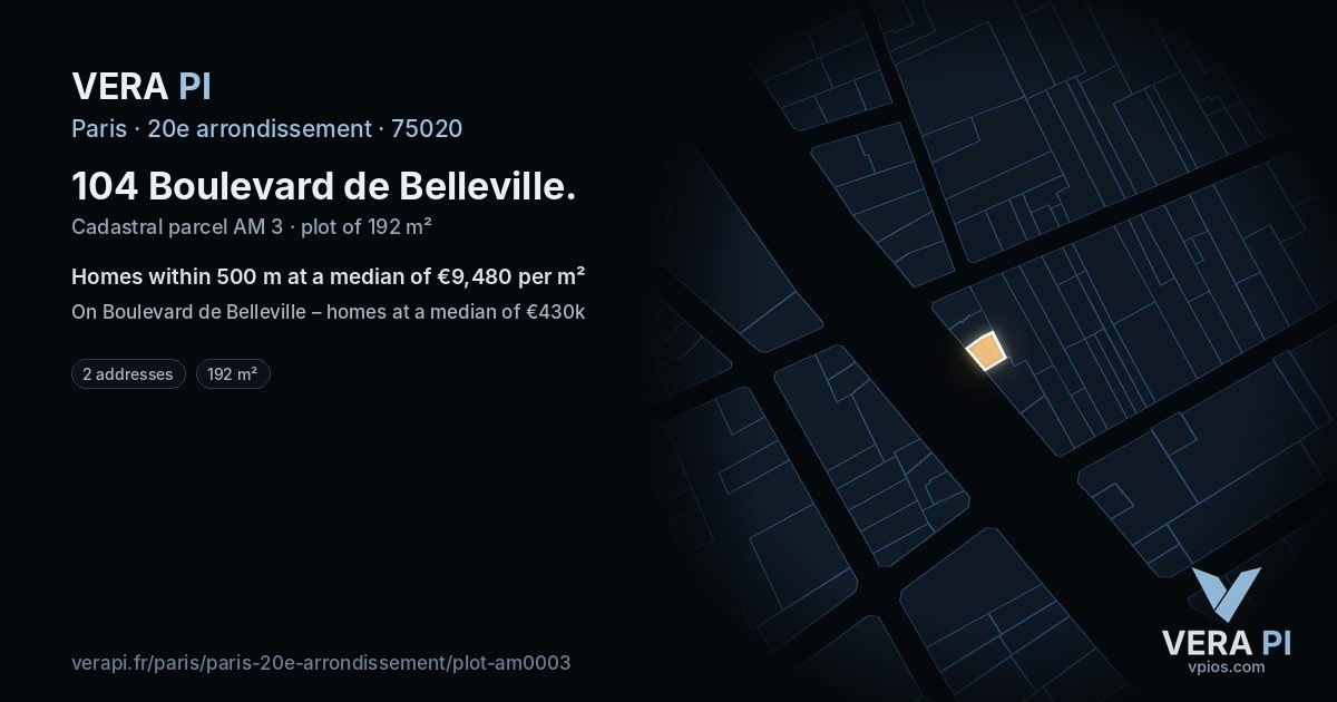 104 Boulevard de Belleville, 20e arrondissement at night – the plot lit, the parcels around coloured by the prices near them