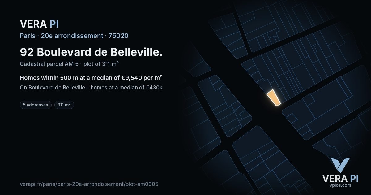 92 Boulevard de Belleville, 20e arrondissement at night – the plot lit, the parcels around coloured by the prices near them