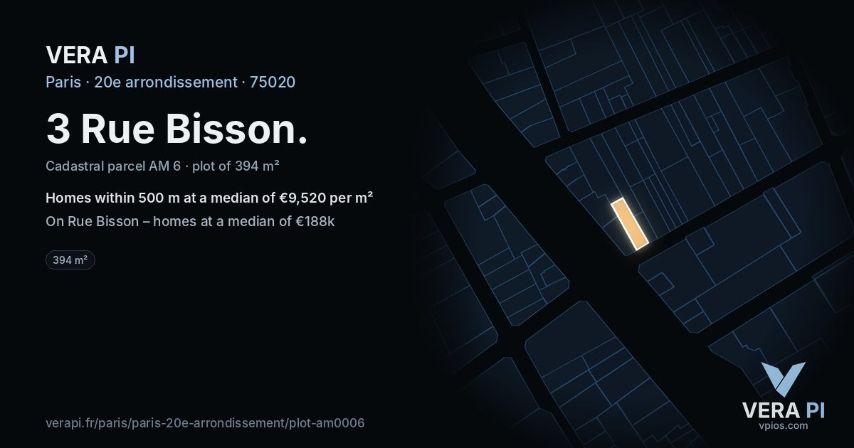 3 Rue Bisson, 20e arrondissement at night – the plot lit, the parcels around coloured by the prices near them