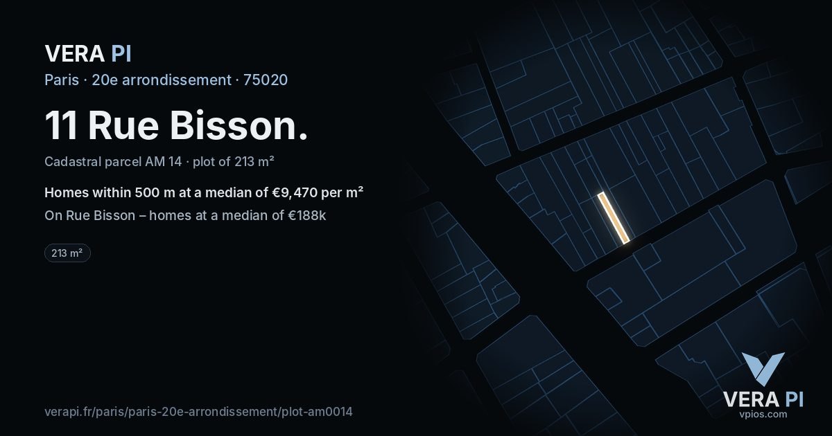 11 Rue Bisson, 20e arrondissement at night – the plot lit, the parcels around coloured by the prices near them