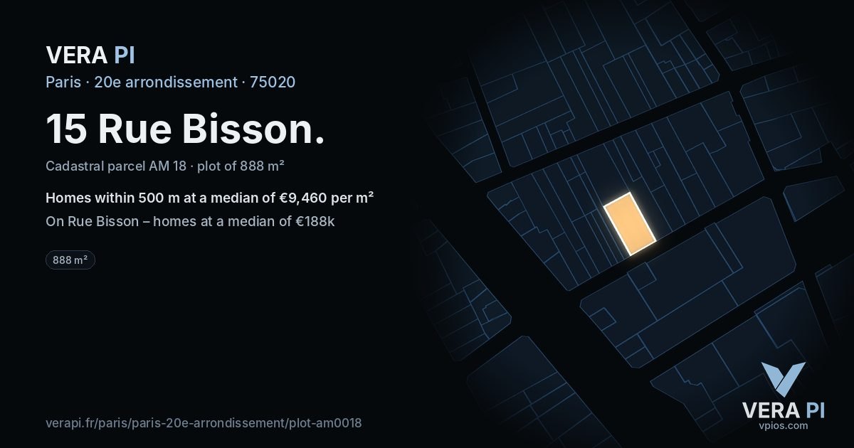 15 Rue Bisson, 20e arrondissement at night – the plot lit, the parcels around coloured by the prices near them