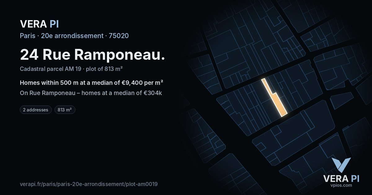 24 Rue Ramponeau, 20e arrondissement at night – the plot lit, the parcels around coloured by the prices near them
