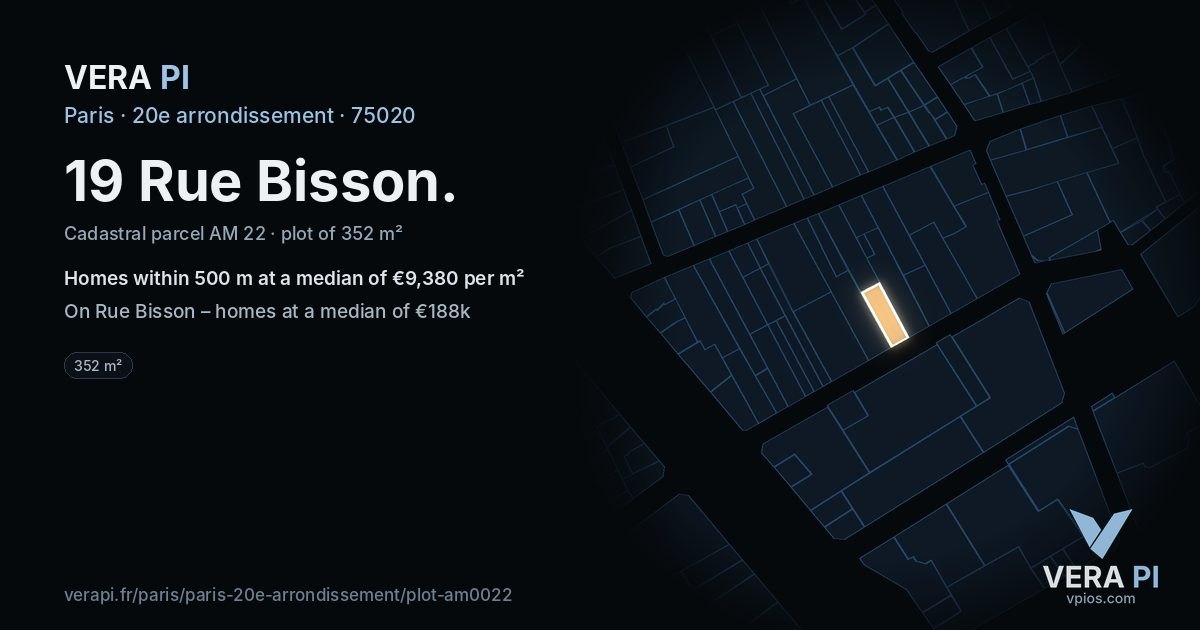 19 Rue Bisson, 20e arrondissement at night – the plot lit, the parcels around coloured by the prices near them