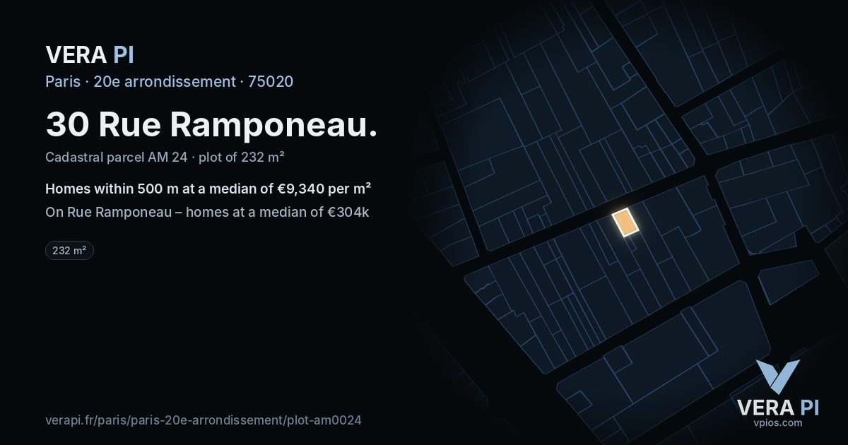 30 Rue Ramponeau, 20e arrondissement at night – the plot lit, the parcels around coloured by the prices near them
