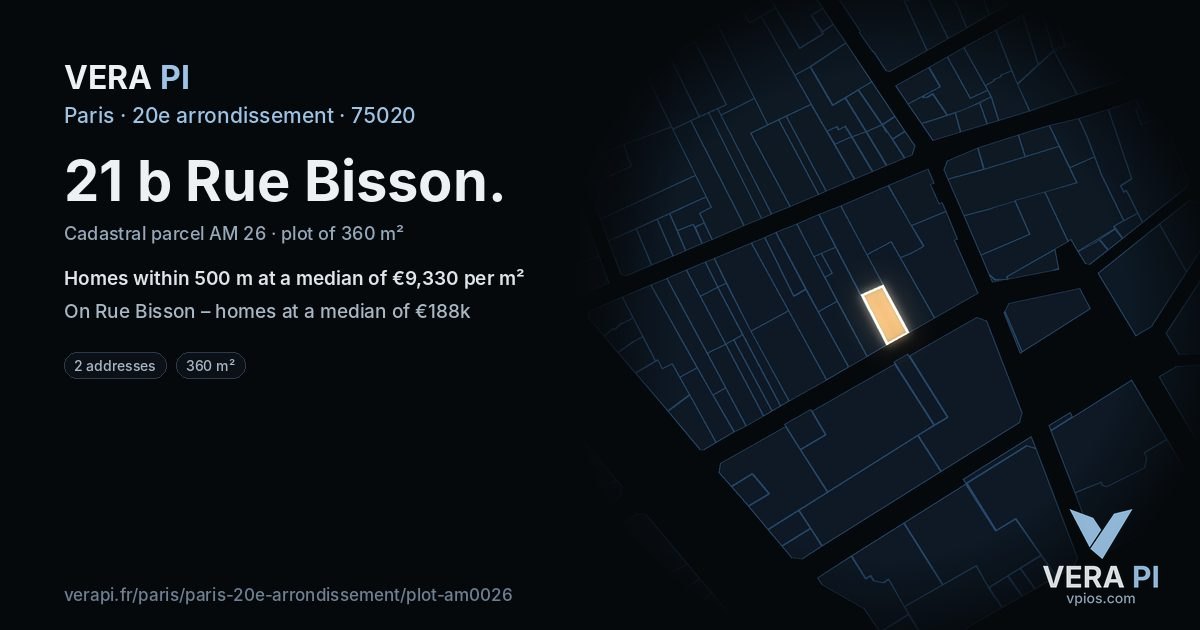 21 b Rue Bisson, 20e arrondissement at night – the plot lit, the parcels around coloured by the prices near them