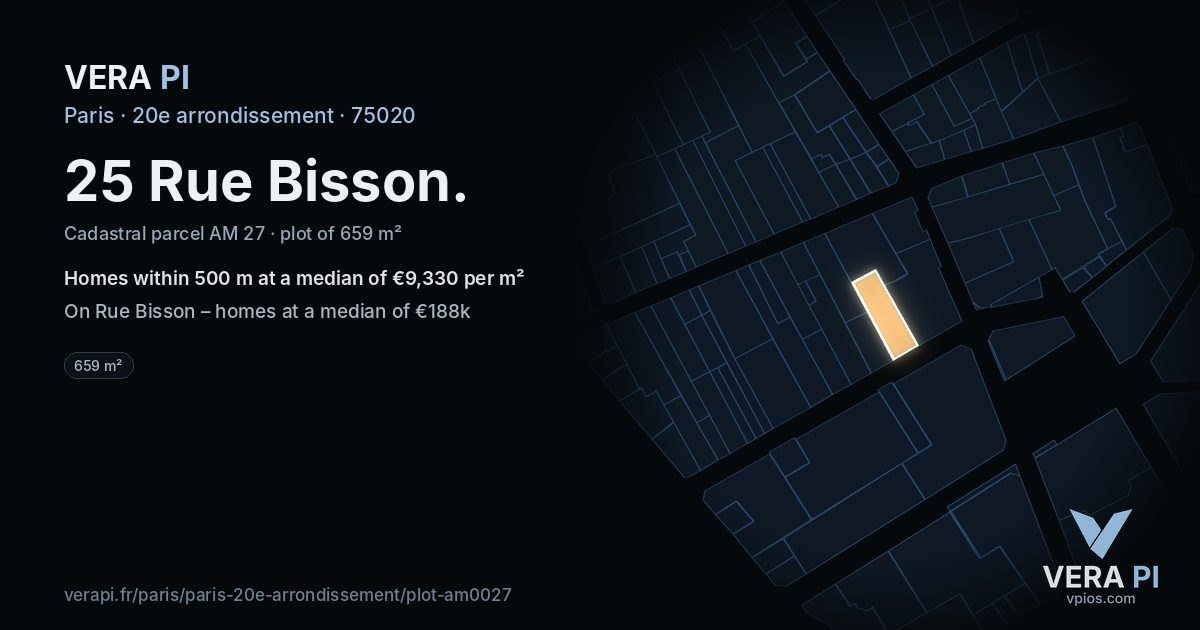 25 Rue Bisson, 20e arrondissement at night – the plot lit, the parcels around coloured by the prices near them