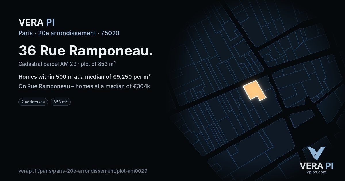 36 Rue Ramponeau, 20e arrondissement at night – the plot lit, the parcels around coloured by the prices near them