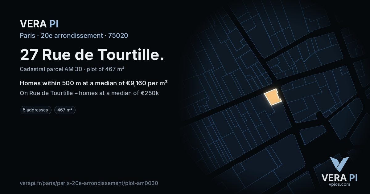 27 Rue de Tourtille, 20e arrondissement at night – the plot lit, the parcels around coloured by the prices near them