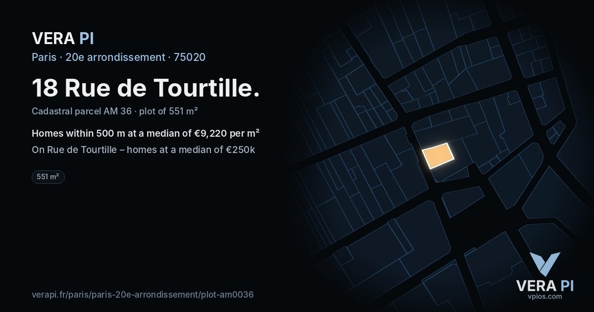 18 Rue de Tourtille, 20e arrondissement at night – the plot lit, the parcels around coloured by the prices near them