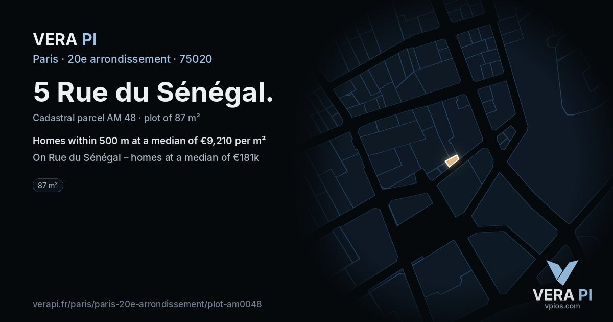 5 Rue du Sénégal, 20e arrondissement at night – the plot lit, the parcels around coloured by the prices near them
