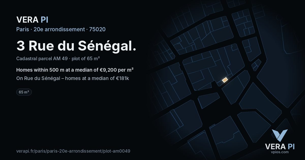 3 Rue du Sénégal, 20e arrondissement at night – the plot lit, the parcels around coloured by the prices near them