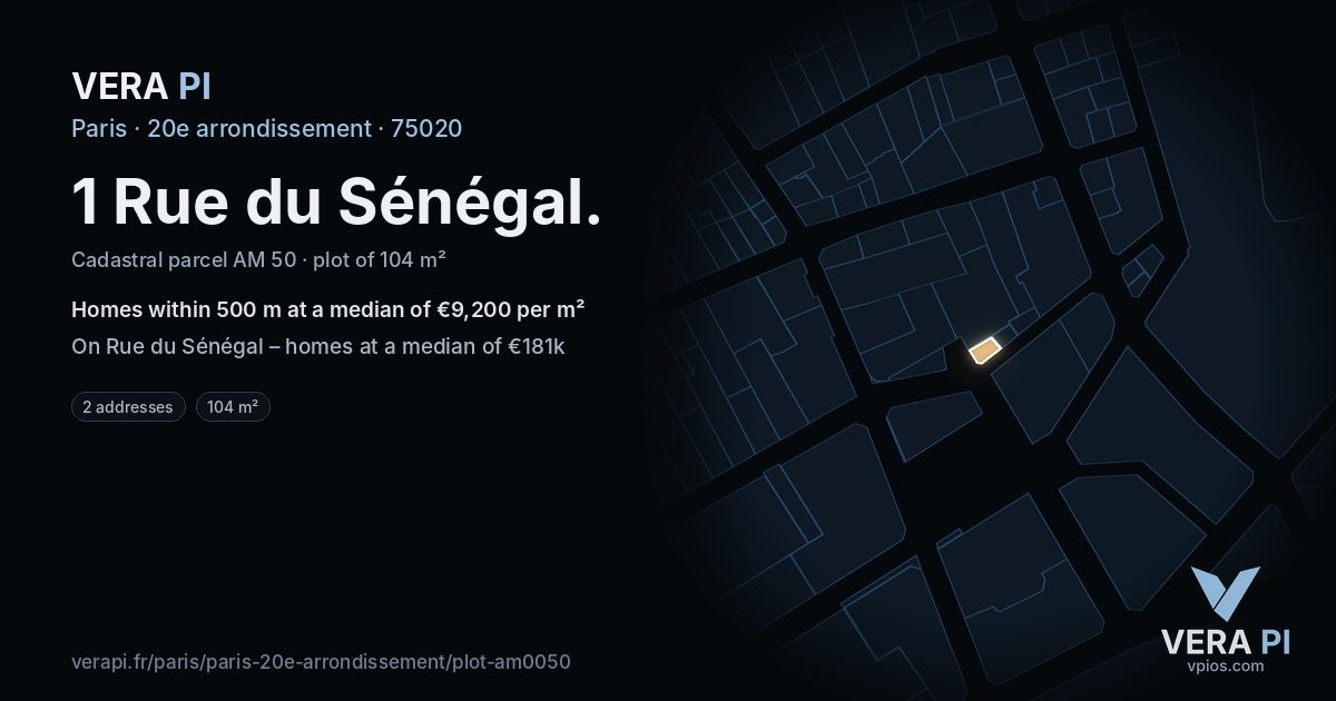1 Rue du Sénégal, 20e arrondissement at night – the plot lit, the parcels around coloured by the prices near them