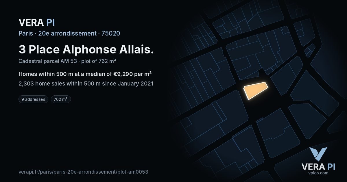 3 Place Alphonse Allais, 20e arrondissement at night – the plot lit, the parcels around coloured by the prices near them