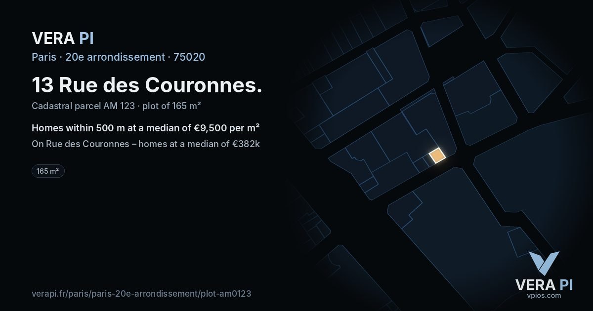 13 Rue des Couronnes, 20e arrondissement at night – the plot lit, the parcels around coloured by the prices near them