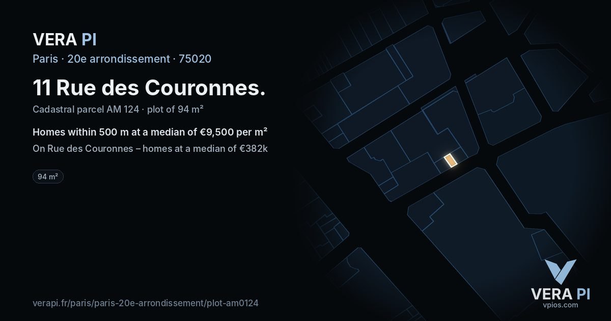11 Rue des Couronnes, 20e arrondissement at night – the plot lit, the parcels around coloured by the prices near them