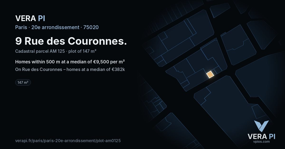 9 Rue des Couronnes, 20e arrondissement at night – the plot lit, the parcels around coloured by the prices near them