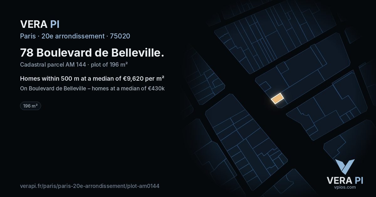78 Boulevard de Belleville, 20e arrondissement at night – the plot lit, the parcels around coloured by the prices near them