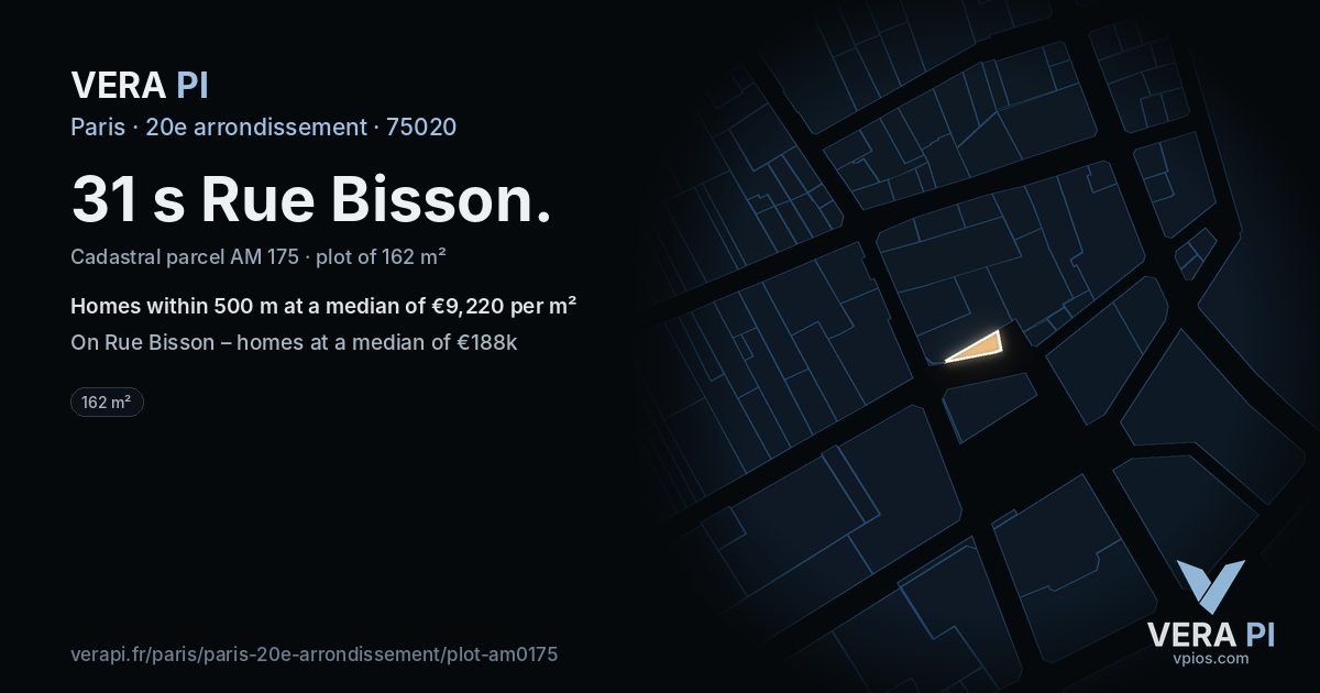 31 s Rue Bisson, 20e arrondissement at night – the plot lit, the parcels around coloured by the prices near them