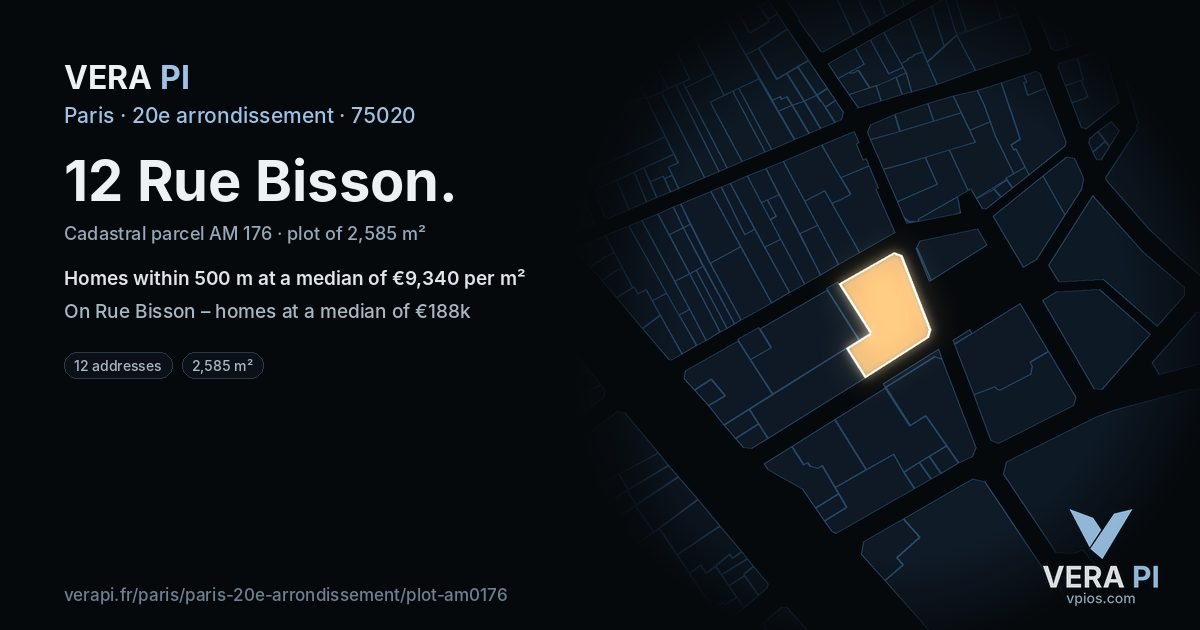 12 Rue Bisson, 20e arrondissement at night – the plot lit, the parcels around coloured by the prices near them