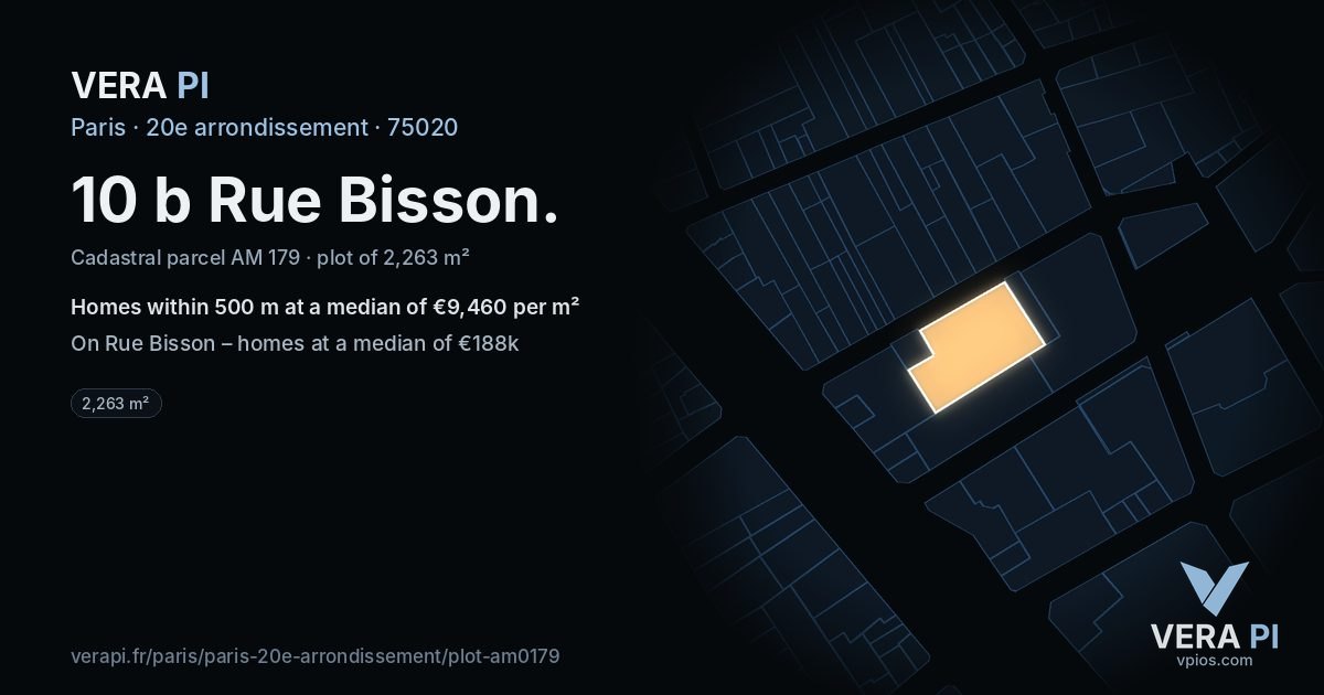 10 b Rue Bisson, 20e arrondissement at night – the plot lit, the parcels around coloured by the prices near them
