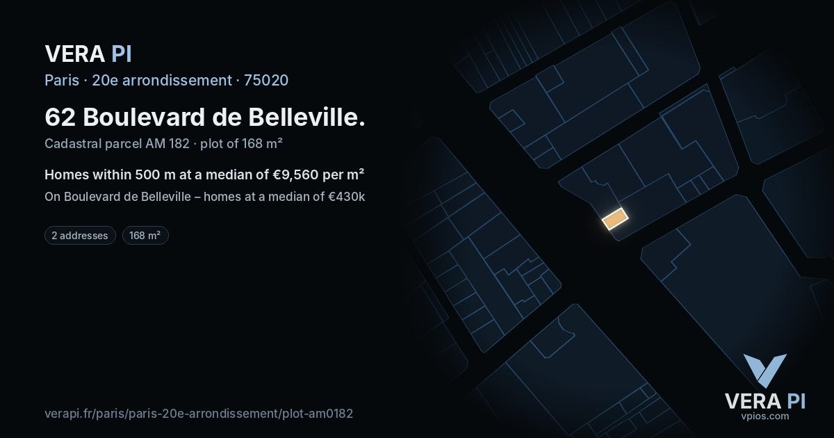 62 Boulevard de Belleville, 20e arrondissement at night – the plot lit, the parcels around coloured by the prices near them