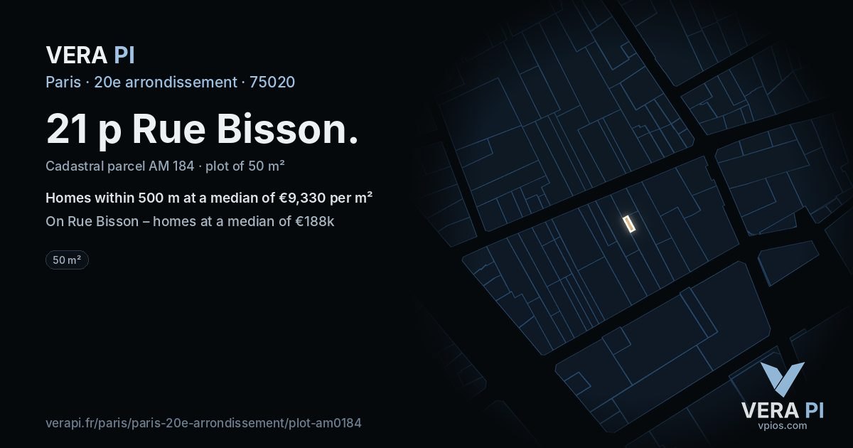 21 p Rue Bisson, 20e arrondissement at night – the plot lit, the parcels around coloured by the prices near them