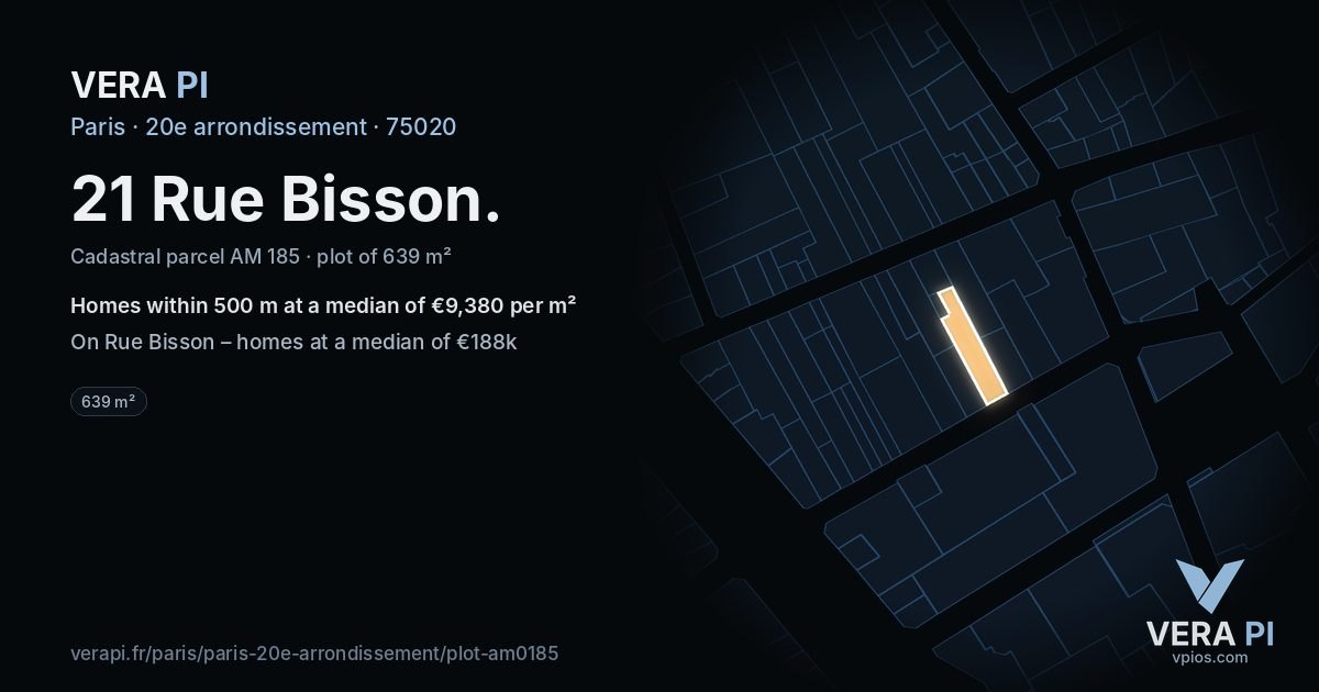 21 Rue Bisson, 20e arrondissement at night – the plot lit, the parcels around coloured by the prices near them