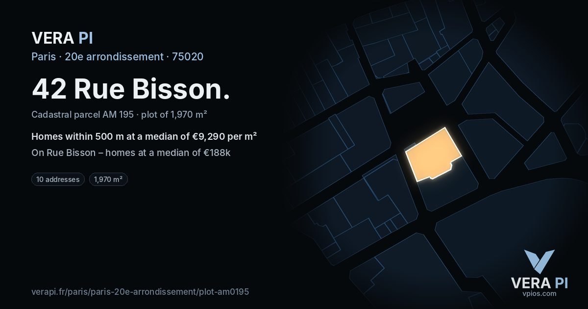 42 Rue Bisson, 20e arrondissement at night – the plot lit, the parcels around coloured by the prices near them