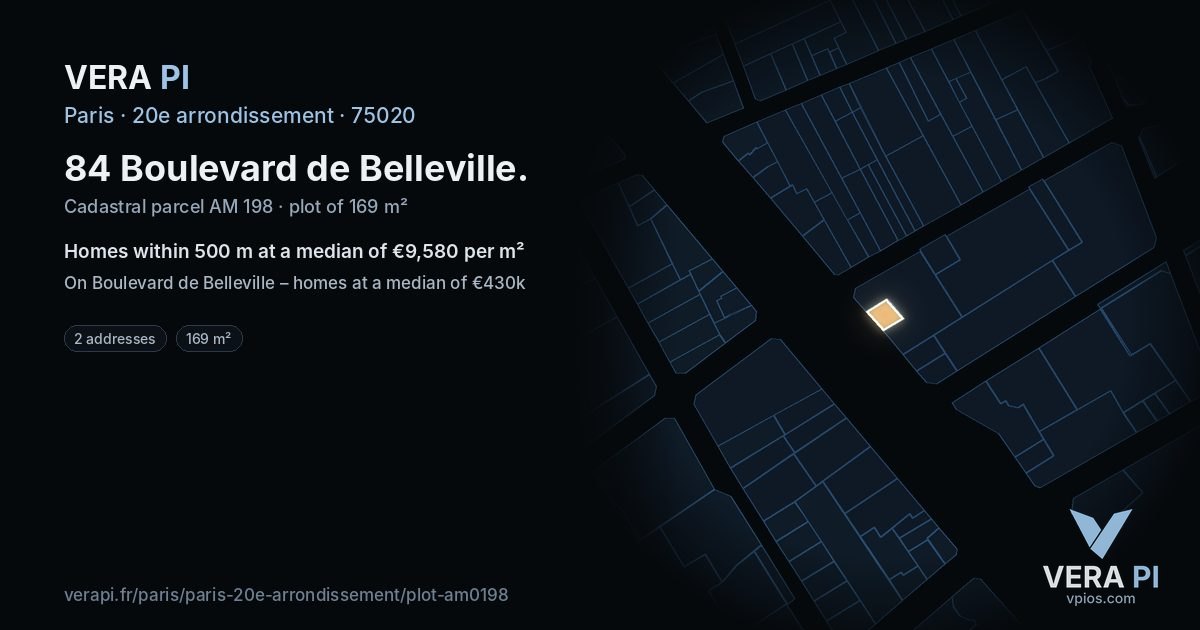84 Boulevard de Belleville, 20e arrondissement at night – the plot lit, the parcels around coloured by the prices near them