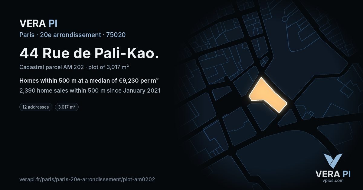 44 Rue de Pali-Kao, 20e arrondissement at night – the plot lit, the parcels around coloured by the prices near them