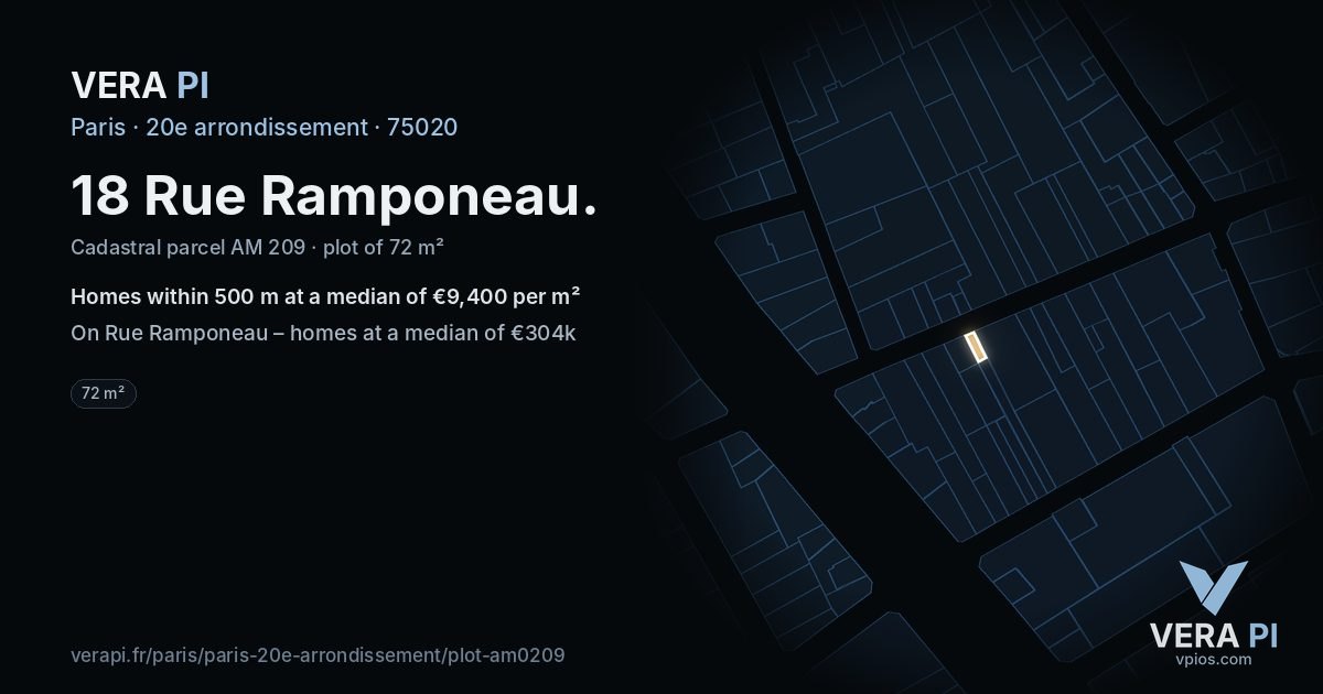 18 Rue Ramponeau, 20e arrondissement at night – the plot lit, the parcels around coloured by the prices near them